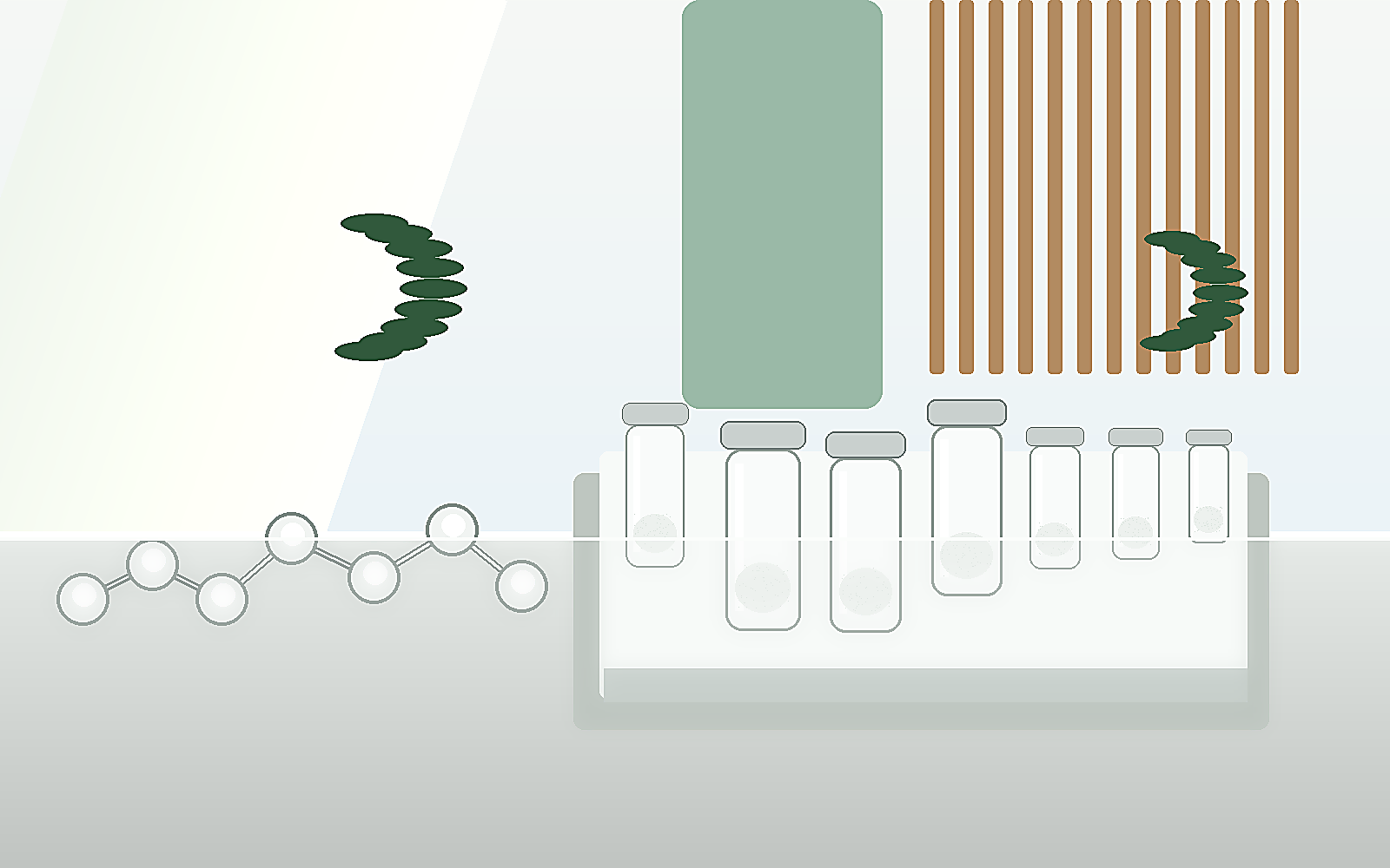 Mesa de laboratorio con viales sin etiqueta y modelo molecular